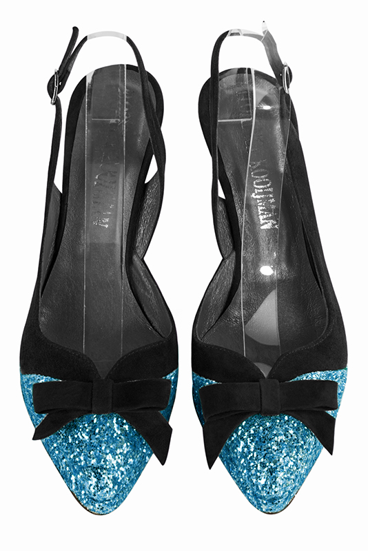 Turquoise blue and matt black women's open back shoes, with a knot. Tapered toe. Very high slim heel with a platform at the front. Top view - Florence KOOIJMAN
